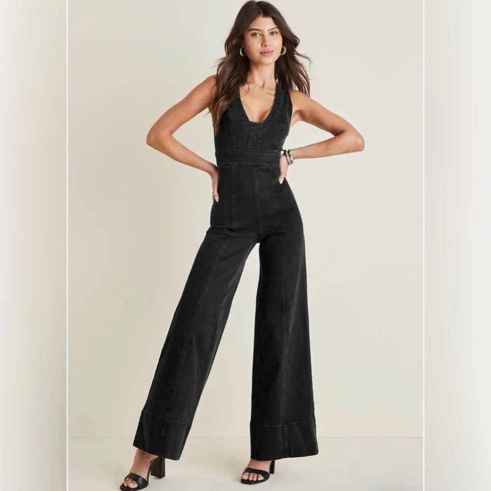 VENUS stretch denim Black Wide-Leg Jumpsuit - Picture 1 of 12